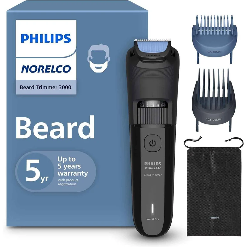 Norelco Philips 100% Waterproof Beard Trimmer 3000 Series with Self-Sharpening Blades, 40 Adjustable Beard Trimmer USB Charging, BT3620/40
