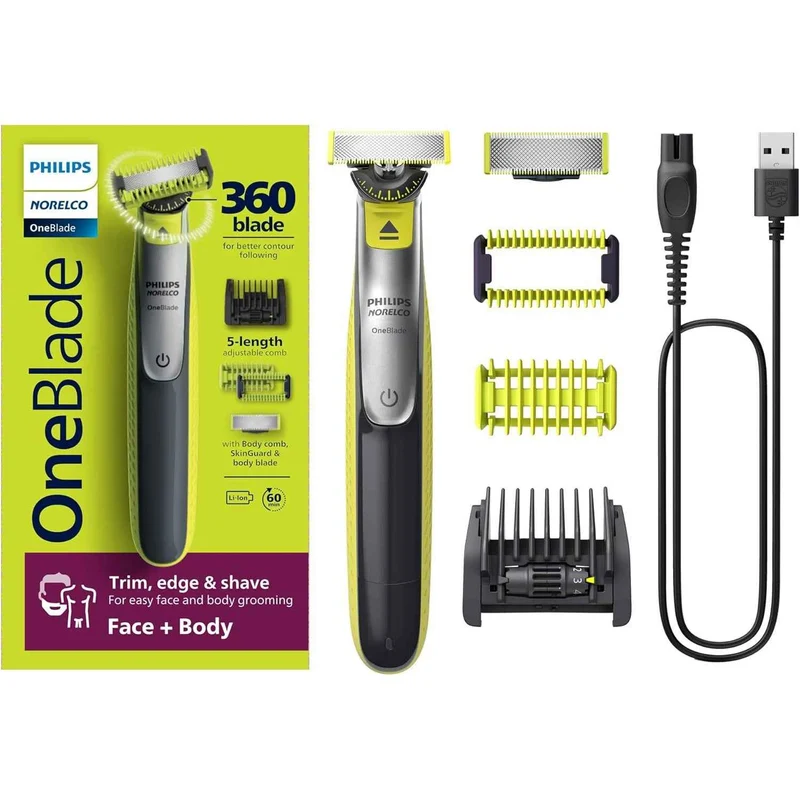 Philips Norelco OneBlade 360 Face + Body, Hybrid Electric Razor and Beard Trimmer for Men with 5-in-1 Face Stubble Comb & Body Kit, QP2834/70