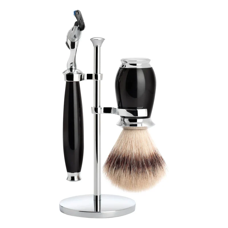Rakset med Fusion Rakhyvel, Silvertip Fibre® Rakborste och Hållare, Purist, Svart Resin