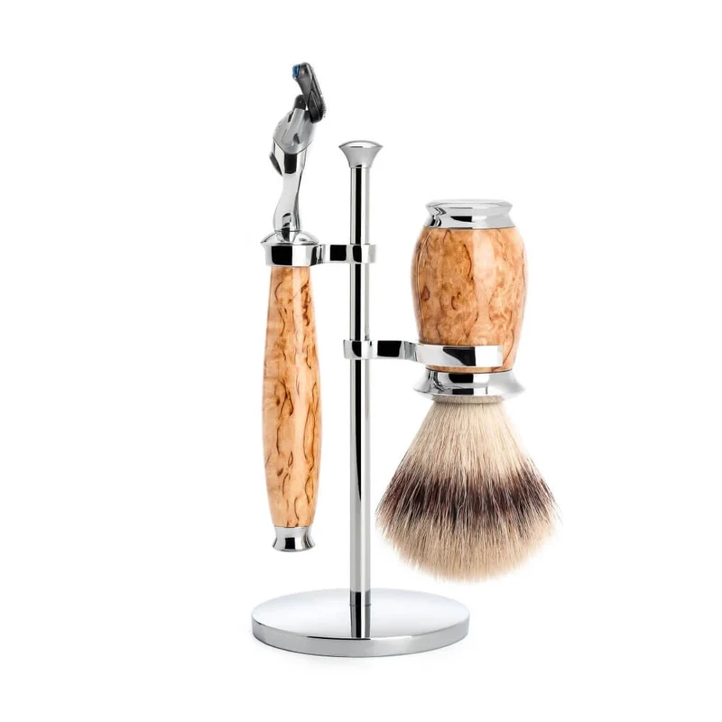 Rakset med Fusion Rakhyvel, Silvertip Fibre® Rakborste och hållare, Purist, Karelian Burl Birch
