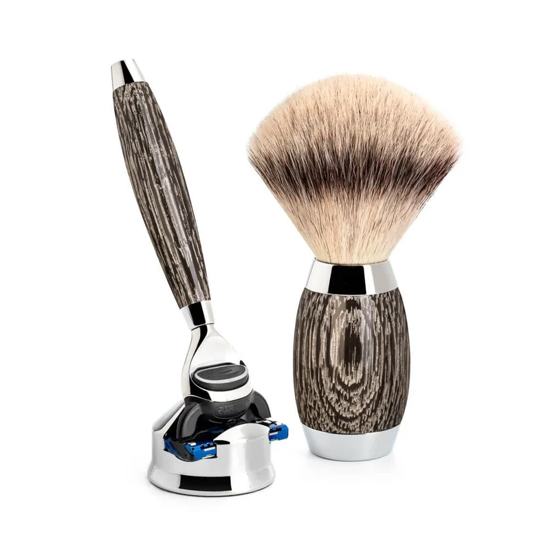 Edition No. 3, Rakset med Fusion Rakhyvel, Silvertip Fibre® Rakborste och rakhyvelhållare, Moss Oak & Sterling Silver